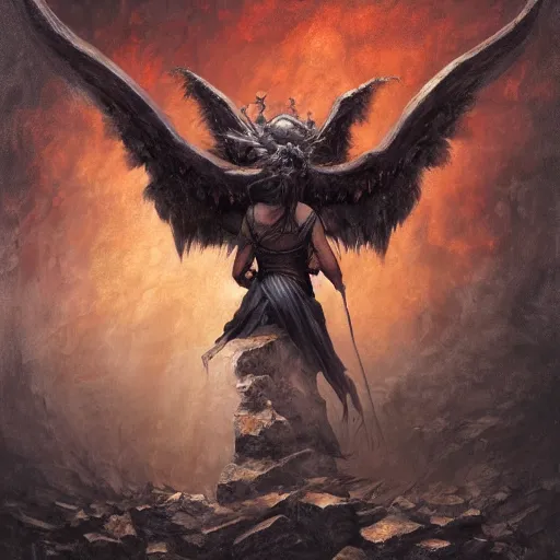 Image similar to polished hewn rectangular granite rock with a demon face, wings sprouting from the back, fantasy, oil painting, style of seb mckinnon