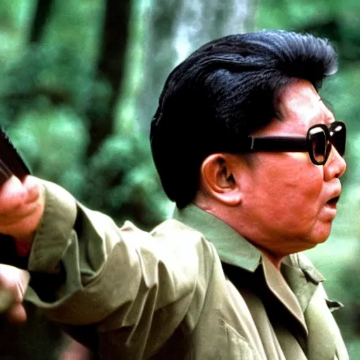 Prompt: a filmstill of Kim Jong-il as Rambo in Rambo First blood