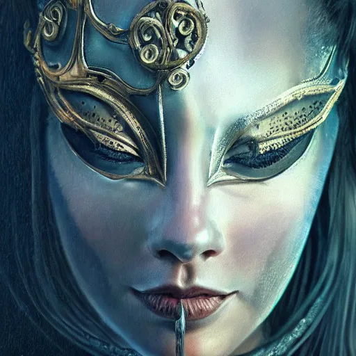 Image similar to Very very very very highly detailed epic photo of face with venetian mask, intricate, dystopian, sci-fi, extremely detailed, digital painting, artstation, concept art, smooth, sharp focus, illustration, intimidating lighting, incredible art by Artgerm and Anton Pieck