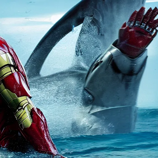 Image similar to film still of iron man as a shark in the movie jaws, photography, trailer, 4 k