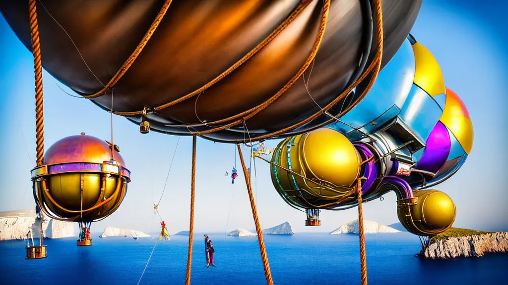 Prompt: large colorful futuristic space age metallic steampunk steam - powered balloons with pipework and electrical wiring around the outside, and people on rope swings underneath, flying high over the beautiful greek islands landscape, professional photography, 8 0 mm telephoto lens, realistic, detailed, photorealistic, photojournalism