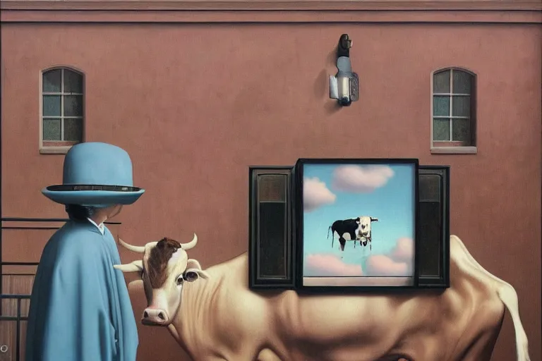 Prompt: 'Wherever you go, a cow is always watching you', lowbrow painting by Mark Ryden and René Magritte