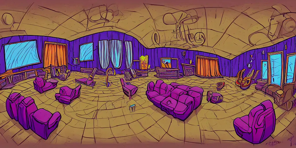 Image similar to a dimly lit, theater dressing room, with a mirror, a chair, a couch, day of the tentacle style, drawn by Peter Chan, fish eye