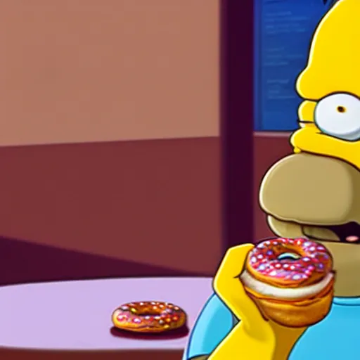 Image similar to photorealistic homer simpson eating a donut