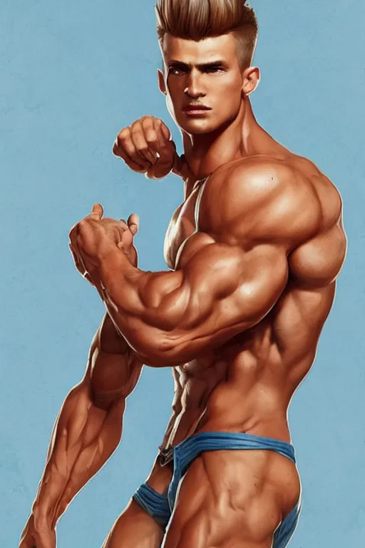 Prompt: Incredibly handsome muscular man, 23 years old, with chiseled jawline, blonde hair, blue eyes by Nuri iyem, James gurney, James Jean, Greg Rutkowski, highly detailed, trending on artstation, artstationHD, artstationHQ, 4k, 8k