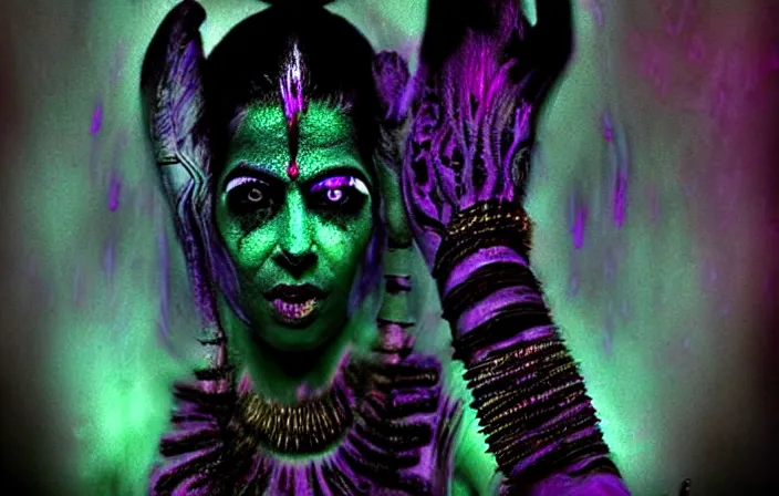 Prompt: dark mythology kali, psycho stupid fuck it insane, looks like kali but cant seem to confirm, cinematic lighting, psychedelic photoluminescence experience, various refining methods, micro macro autofocus, ultra definition, award winning photo, to hell with you, devianart craze, photograph taken by michael komarck
