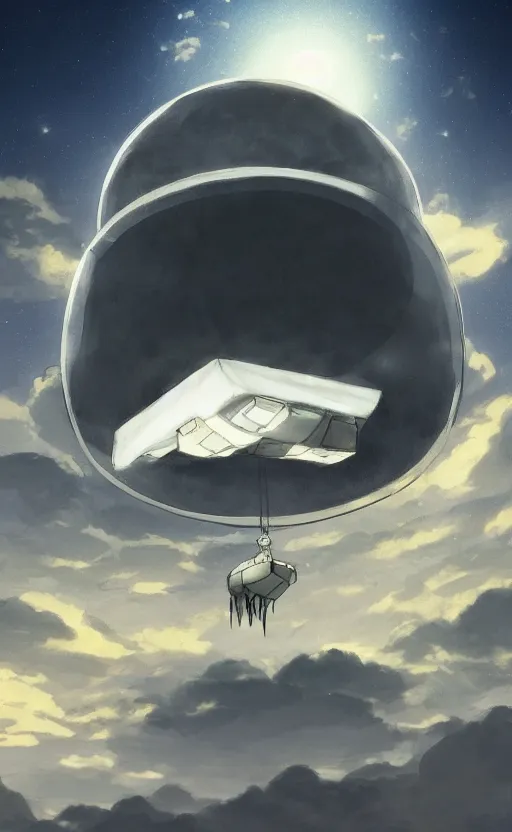 Prompt: an asymmetrical cell - shaded studio ghibli concept art study of a huge silver cube ufo in the sky. an elegant alien is on the ground. very dull colors,, hd, 4 k, hq