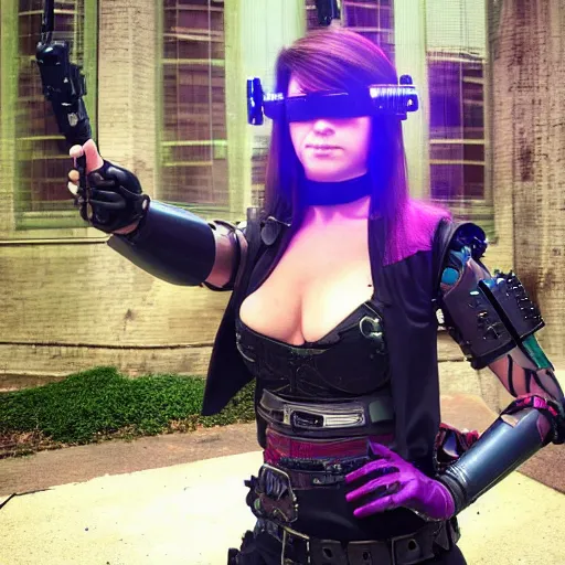 Image similar to full shot photo of a female cyberpunk musketeer