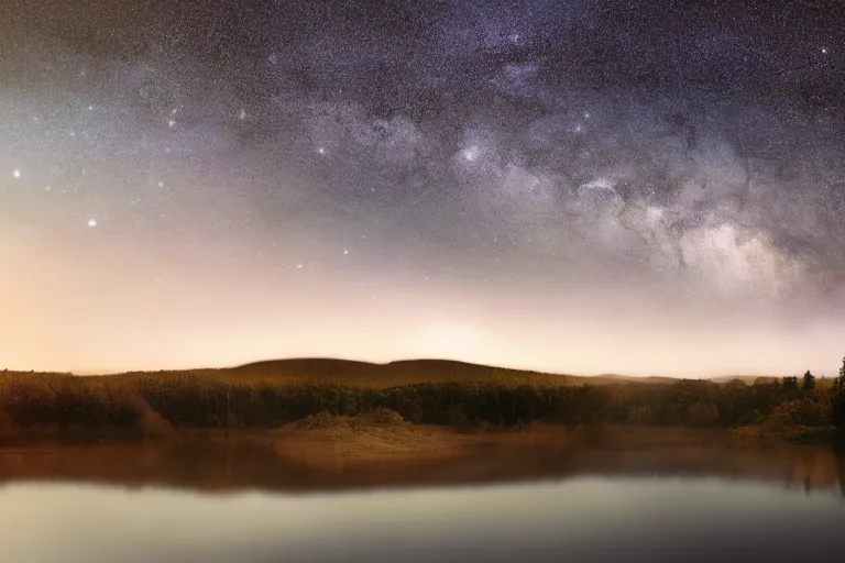 Image similar to a large valley landscape with a still lake at night and milky way appearing on the sky, 8K, hdr, octane render, long pose photography, astrophotography