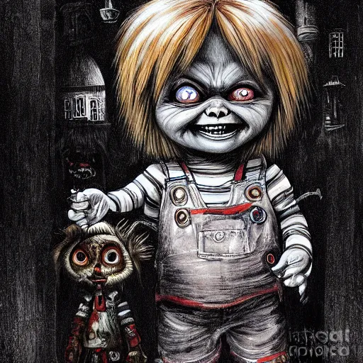 Prompt: painting of chucky by jeremiah ketner and gustave dore | horror themed | creepy