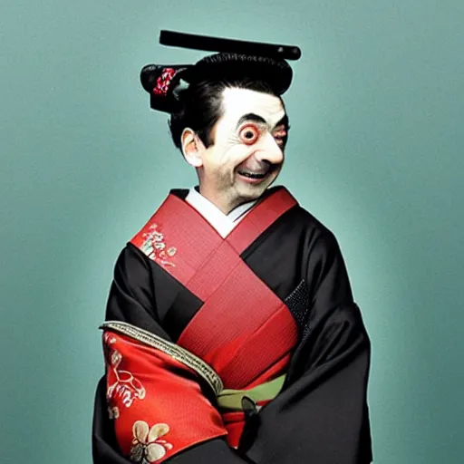 Prompt: mr bean dressed as a traditional japanese woman