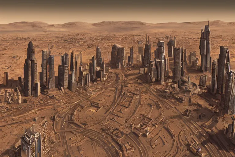 Image similar to cityscape of a city on Mars, futuristic
