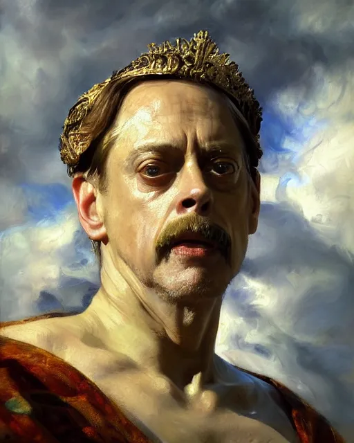 Image similar to beautiful detailed expressive impressionistic oil painting portrait of ancient roman god emperor steve buscemi ascending into the clouds wearing the civic crown, renaissance painting, art by anders zorn, wonderful masterpiece by greg rutkowski, expressive brush strokes, beautiful cinematic light, american romanticism by greg manchess, jessica rossier