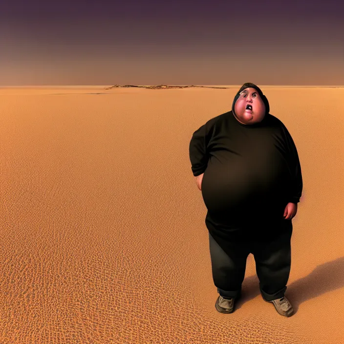 Image similar to hyperrealistic mixed media portrait of a moridly obese man using an ATM machine in the middle of a barren desert wasteland, despair, depressing and hopeless vibe, stunning 3d render inspired art by P. Craig Russell and Barry Windsor-Smith + perfect facial symmetry + dim volumetric lighting, 8k octane beautifully detailed render, post-processing, extremely hyperdetailed, epic composition, grim yet sparkling atmosphere, cinematic lighting + masterpiece, trending on artstation