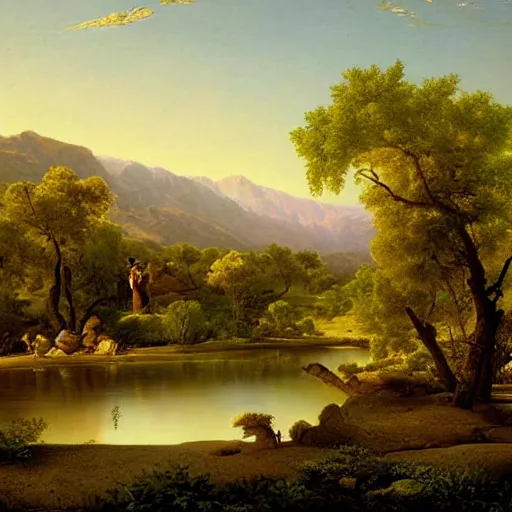 Prompt: a desert oasis, kindred spirits, harmony of nature, sparkling dew, by asher brown durand