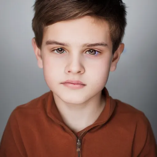 Image similar to a closeup portrait of a boy with brown hair and brown eyes. Extremely clear and high quality eyes with reflection in this, realistic face and details, clear lips and high quality