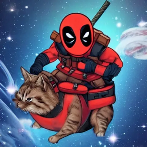 Image similar to deadpool riding on fluffy cat in space