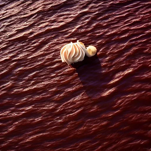 Image similar to a detailed photograph of a levitating chocolate-bacon swirl ice cream cone hovering over the ocean