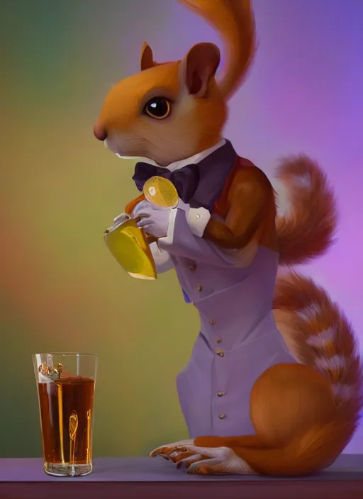 Prompt: squirrel anthro as a dapper bartender with a big, fluffy tail, retro futurism, art deco, detailed, painterly digital art by WLOP and Cory Loftis and Delphin Enjolras, 🐿🍸🍋, furaffinity, trending on artstation