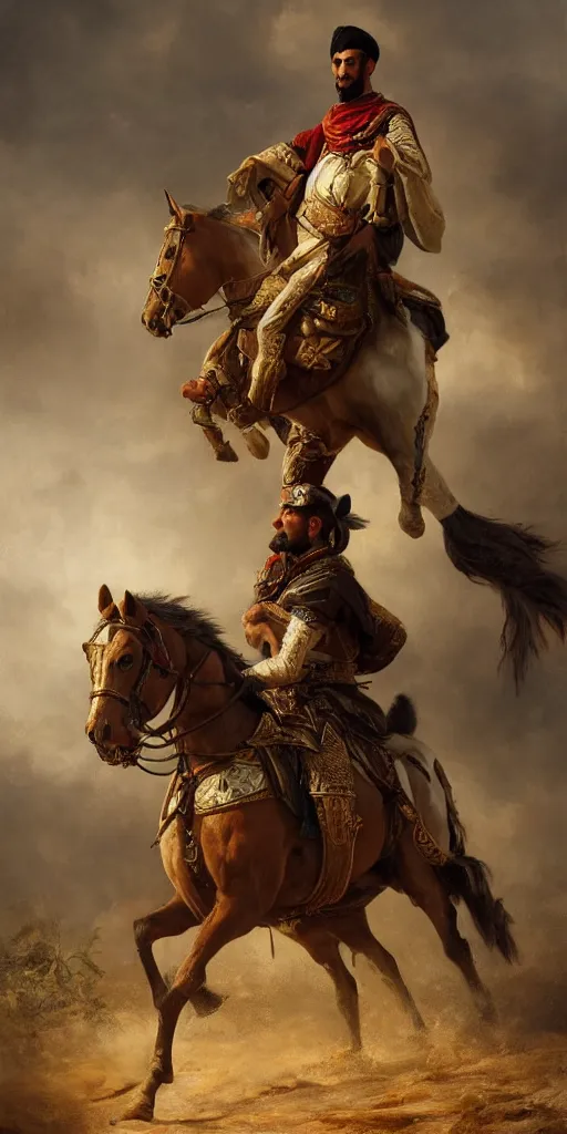 Image similar to Highly detailed and cinematic romantic period oil painting of an Arabian soldier riding a rearing horse, strong atmosphere, oil painting masterpiece by Josep Tapiró Baró, RPG portrait, dynamic lighting, 8K