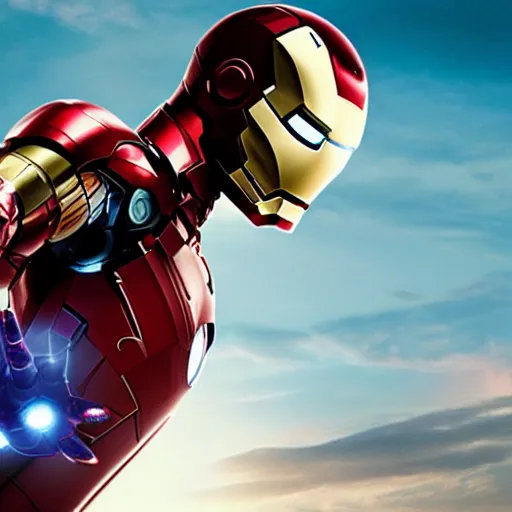 Image similar to promotional image of Tom Holland as Iron Man in Iron Man（2008）, he wears Iron Man armor without his face, movie still frame, promotional image, imax 70 mm footage