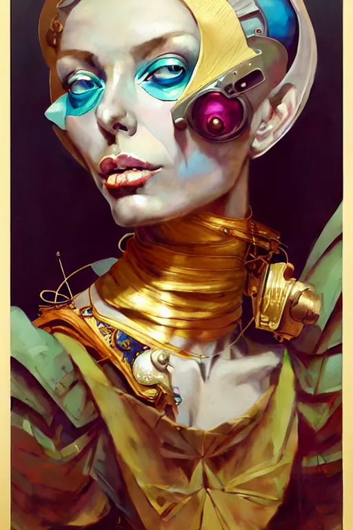 Image similar to portrait of isabelledeltore, patchwork doll, cyberpunk, elegant baroque, asymmetrical art, hyperrealism, colorful, vivid, imposing, epic, abstract texture, gold leaf texture, artstation, concept art, by peter mohrbacher and wlop and rhads and artgerm and magali villeneuve and alphonse mucha