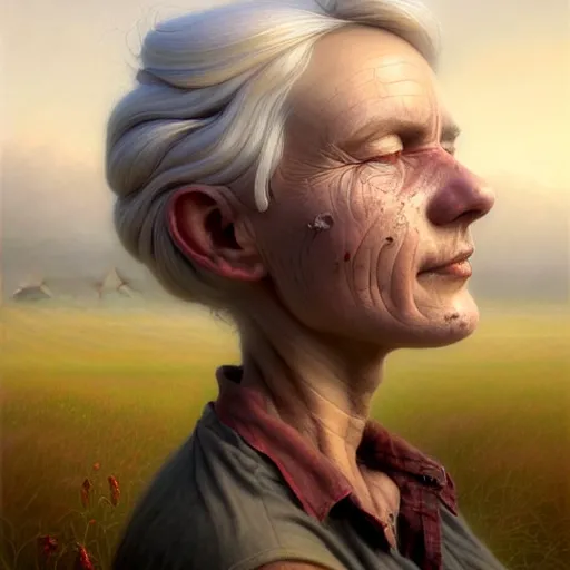 Prompt: full body portrait of a female farmer, untidy white hair, highly detailed, dirty face, next to a red barn, digital painting, artstation, concept art, soft focus, depth of field, artgerm, tomasz alen kopera, peter mohrbacher, donato giancola, joseph christian leyendecker, wlop, boris vallejo