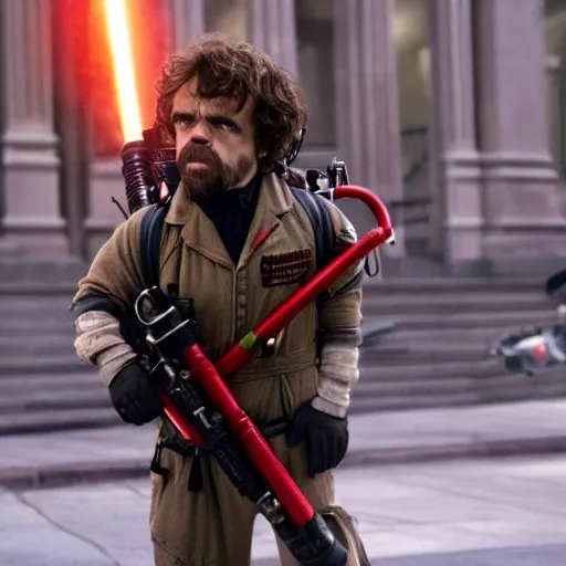 Image similar to stunning awe inspiring peter dinklage as a ghostbuster in the movie ghostbusters, movie still 8 k hdr atmospheric lighting