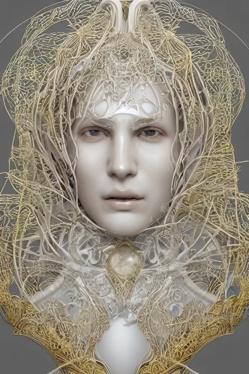 Prompt: complex 3d render ultra detailed closeup portrait of a beautiful and handsome man made from irridescent porcelain, distributed consciousness, biomechanical cyborg, analog, 150 mm lens, beautiful natural soft rim light, roots, fine foliage lace, ernst haeckel, chitin, visceral, art nouveau , intricate details, satin silver beautiful gold metal details, mesh wire, neri oxman, cable wires, elegant, hyper realistic, quantum computer, ultra detailed, octane render, silicon and carbon, volumetric lighting, 8k post-production, hr giger style, nudibranch