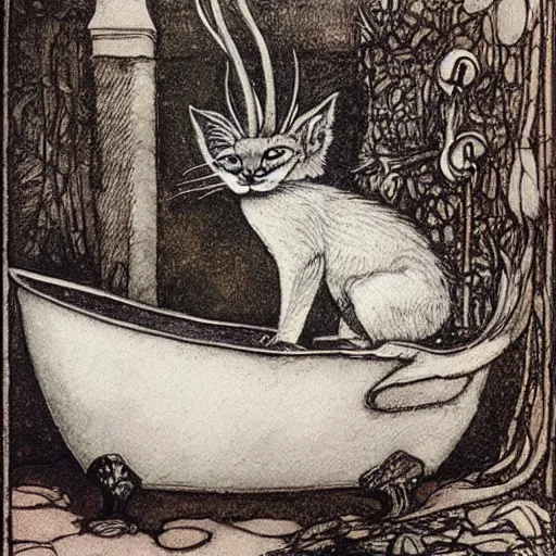 Prompt: cute caracal in bathtub, by Arthur Rackham
