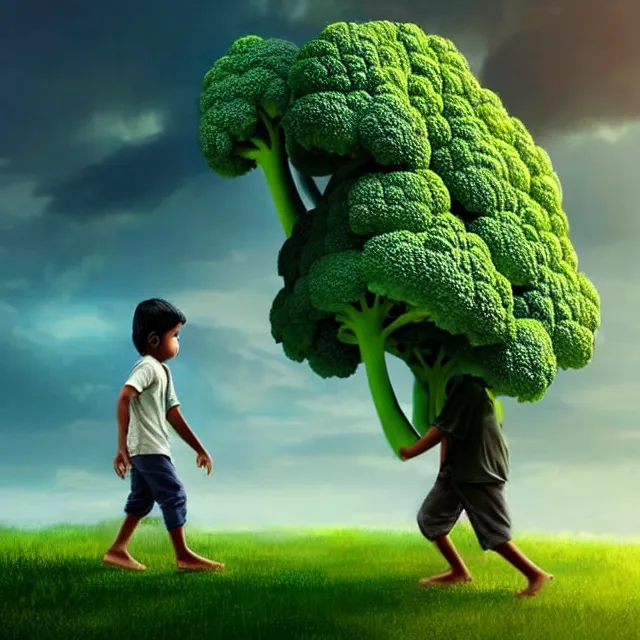 Prompt: epic professional digital art of an East Indian toddler boy walking beside a giant anthropomorphic friendly broccoli, best on artstation, cgsociety, wlop, Behance, pixiv, astonishing, impressive, outstanding, epic, cinematic, stunning, gorgeous, breathtaking science fiction art, masterpiece.