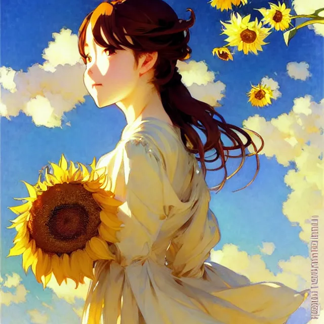 Image similar to beautiful sunflower anime girl, krenz cushart, mucha, ghibli, by joaquin sorolla rhads leyendecker, by ohara koson and thomas