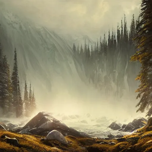 Image similar to illustration of an alaskan wildness just before darkness, greg rutkowski