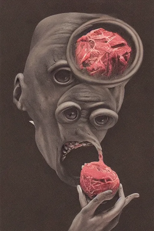 Prompt: a minion devouring a ball of meat in the style of beksinski