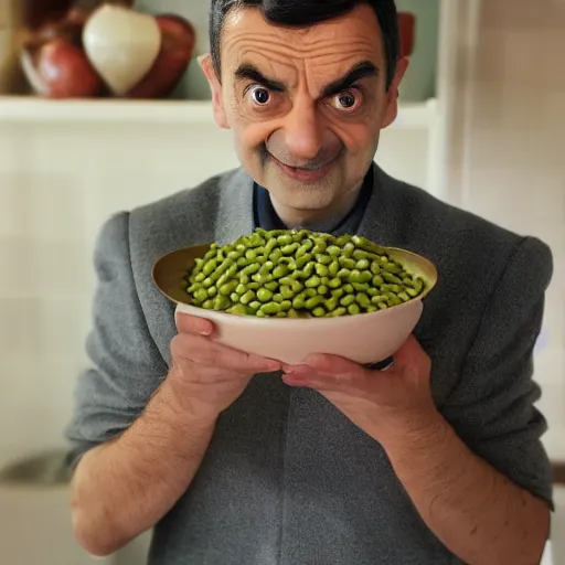 Image similar to mr bean eating a bowl of beans