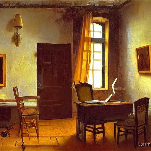 Image similar to a cozy little office nook, dmitry spiros, leonardo da vinci, jacques - louis david, johannes vermeer, 8 k, wide angle,