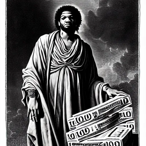 Image similar to fredo santana holding stacks of cash, biblical image, style of gustave dore, highly detailed, beautiful, high contrast, black and white