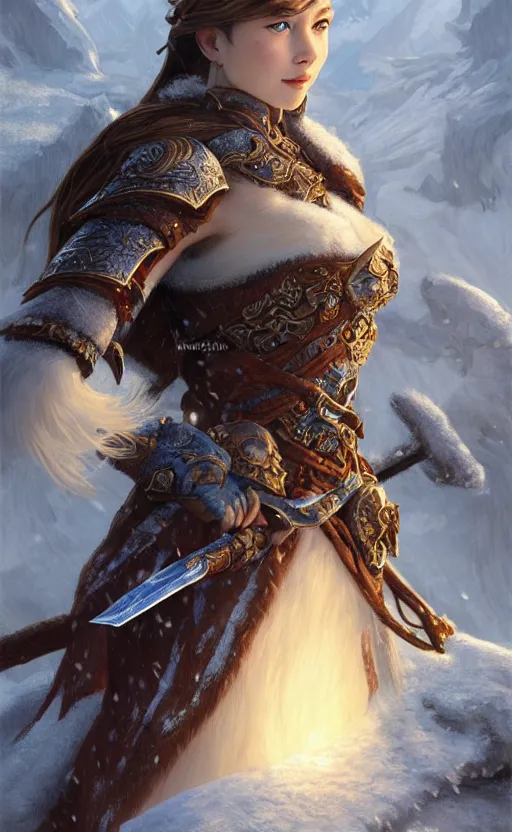 Image similar to azure viking warrior, regal, elegant, winter, snow, beautiful, stunning, hd, illustration, epic, d & d, fantasy, intricate, elegant, highly detailed, wide angle, digital painting, artstation, concept art, smooth, sharp focus, illustration, wallpaper, art by artgerm and greg rutkowski and alphonse mucha and jin xiaodi