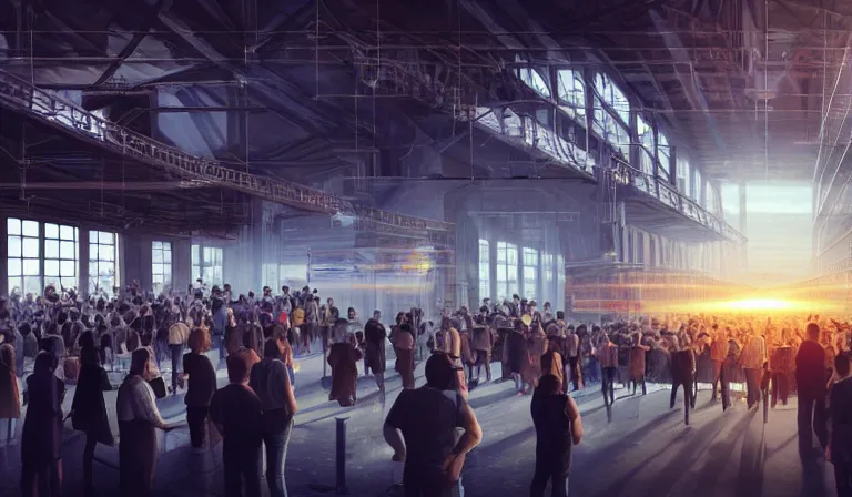 Prompt: crowd of people in simple walled warehouse, looking at hologram of futuristic city on a table, cinematic concept art, godrays, golden hour, natural sunlight, 4 k, clear details, tabletop model buildings, center model buildings, hologram center, crane shot, crane shot, crane shot