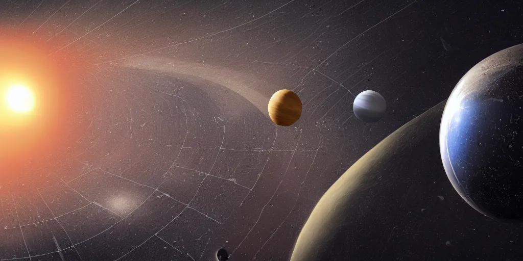 Image similar to Photorealistic diagram of the solar system, the sun on the far right, realistic 3d render, blender cycles, trending on artstation