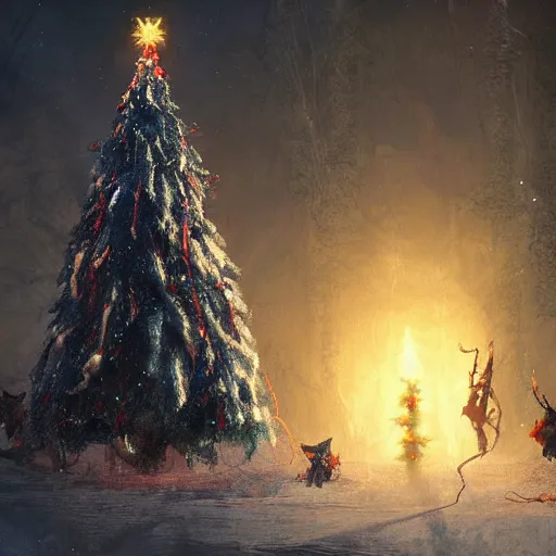 Image similar to a lonely christmas tree surrounded by krampus like monsters, nighttime, dark, surroundings are illuminated by the christmas tree, eerie, in the style of craig mullins