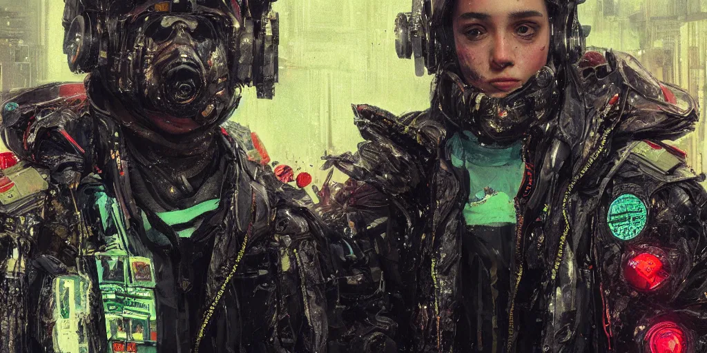 Prompt: detailed portrait Neon guard boy with short dark hair seen from the back, cyberpunk futuristic, reflective puffer jacket, black leggings, decorated with traditional ornaments in front of a dystopian crowd with piles of garbage by Ismail inceoglu dragan bibin hans thoma, Perfect face, fine details, realistic shaded, fine-face, pretty face