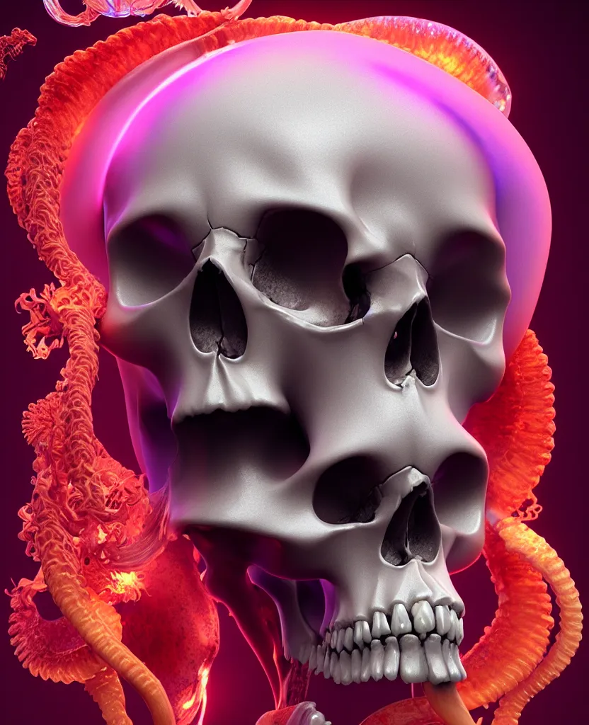 Image similar to goddess close - up portrait human skull, ram skull, squid phoenix jellyfish, orchid, betta fish, bioluminiscent, intricate artwork by tooth wu and wlop and beeple. octane render, trending on artstation, greg rutkowski very coherent symmetrical artwork. cinematic, hyper realism, high detail, octane render, 8 k