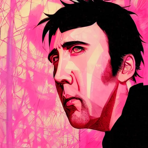 Image similar to prompt : pink nicolas cage illustration portrait soft light painted by james jean and katsuhiro otomo and erik jones, inspired by evangeleon anime, smooth face feature, intricate oil painting, high detail illustration, sharp high detail, manga and anime 1 9 9 9