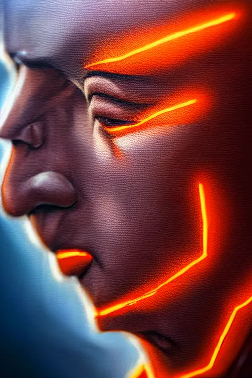 Image similar to hyperrealistic close-up graffiti exoskeleton! chinese man highly detailed concept art eric zener elson peter cinematic hard orange lighting high angle hd 8k sharp shallow depth of field