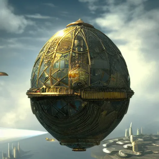 Image similar to enormous flying city in a faberge egg, sky, steampunk, fantasy art, masterpiece, unreal engine, hugh ferriss