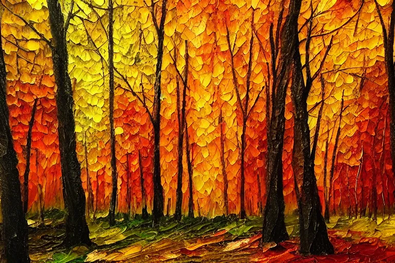 Image similar to oil painting of a forest in autumn, leafs falling, dramatic lighting, colorful, autumn colors