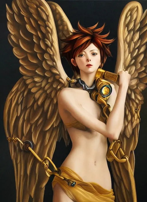 Prompt: full body oil painting of tracer overwatch in the style of evelyn de morgan, angel wings, dramatic painting, symmetrical composition, wearing gold detailed choker, golden chains, detailed face and eyes,