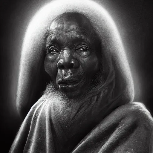 Image similar to a painting of a wise elder from Kenya by Leonardo da Vinci . dramatic angle, ethereal lights, details, smooth, sharp focus, illustration, realistic, cinematic, artstation, award winning, rgb , unreal engine, octane render, cinematic light, macro, depth of field, blur, red light and clouds from the back, highly detailed epic cinematic concept art CG render made in Maya, Blender and Photoshop, octane render, excellent composition, dynamic dramatic cinematic lighting, aesthetic, very inspirational, arthouse.