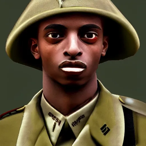 Image similar to playboi carti as a german world war ii soldier captured on a old camera 4 k detailed super realistic